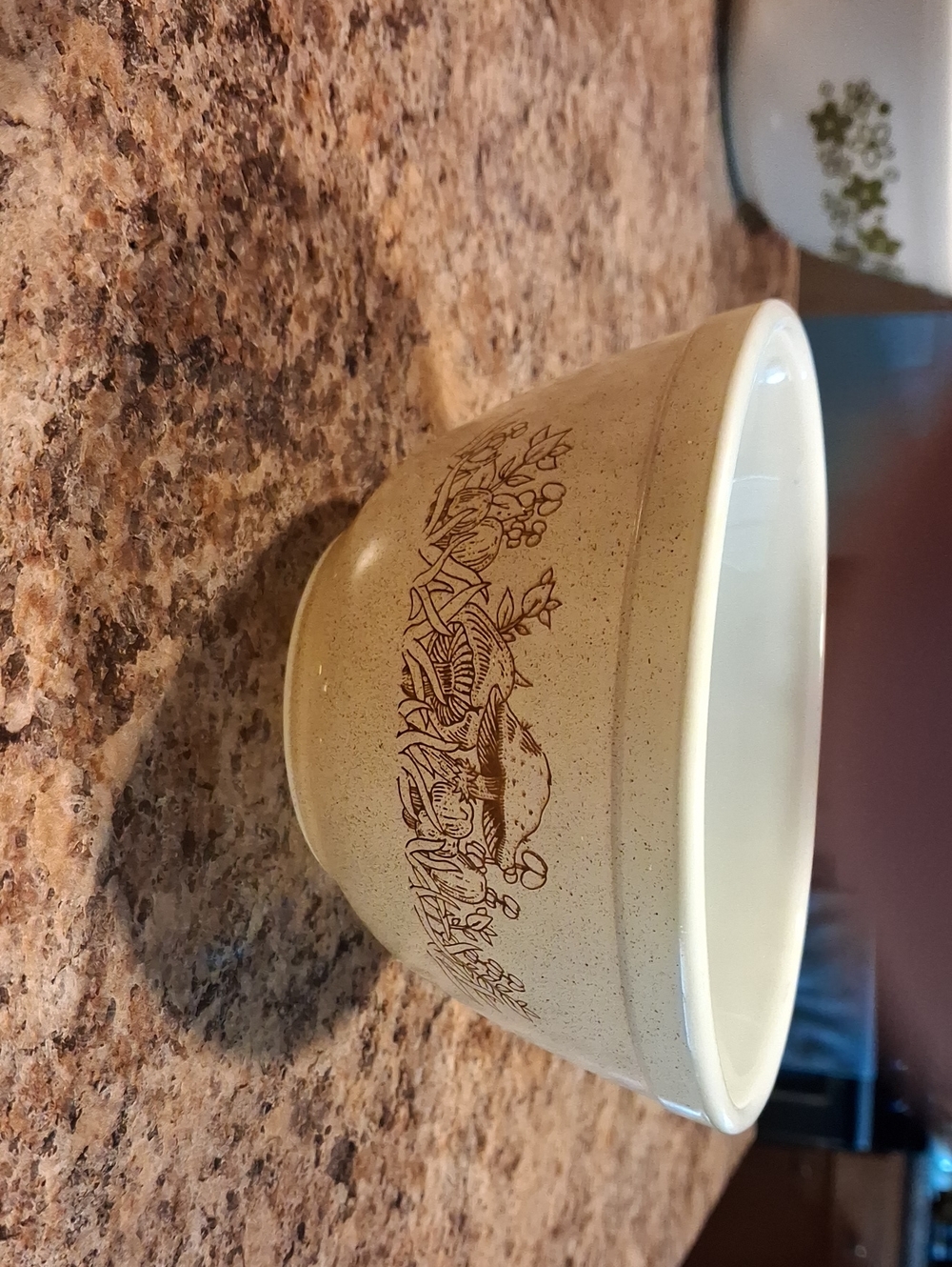 Vintage Pyrex Speckled Beige Mixing Bowl with Brown Mushrooms And Flowers.